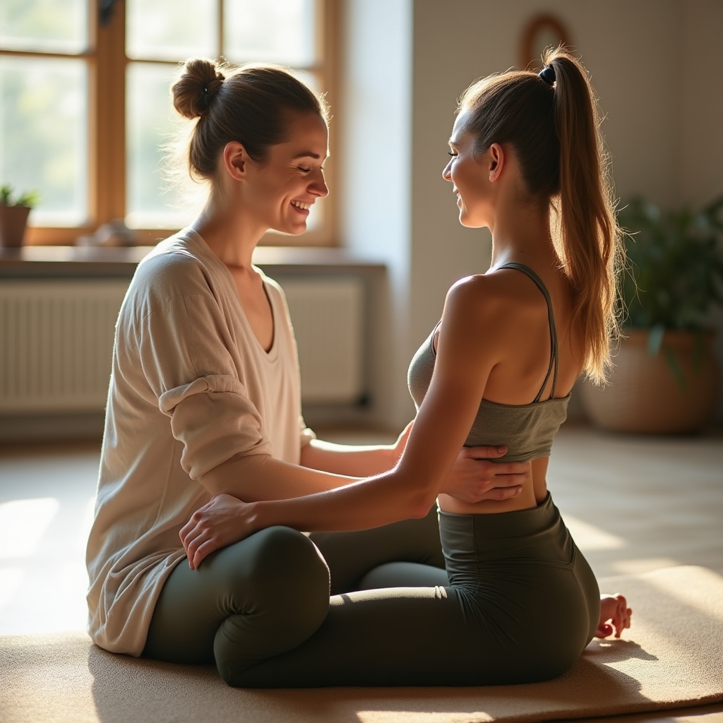 Yogalehrerin gibt einer kleinen Gruppe Unterricht in warmem Morgenlicht