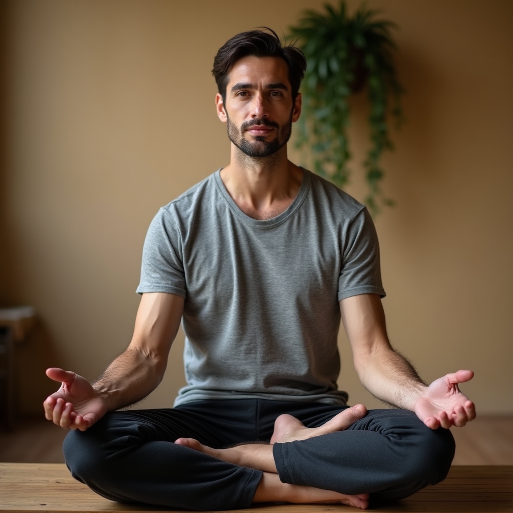 Meditationslehrer sitzt entspannt und blickt ruhig nach vorne